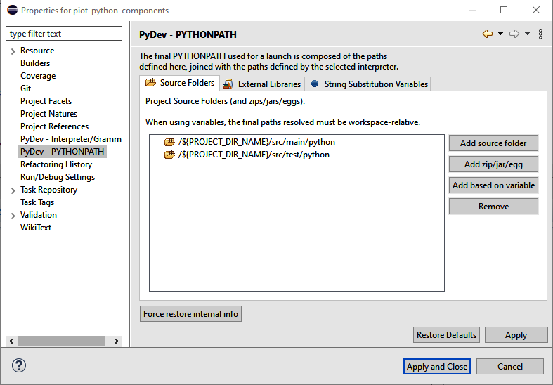 Updating the PYTHONPATH environment variable within PyDev and Eclipse