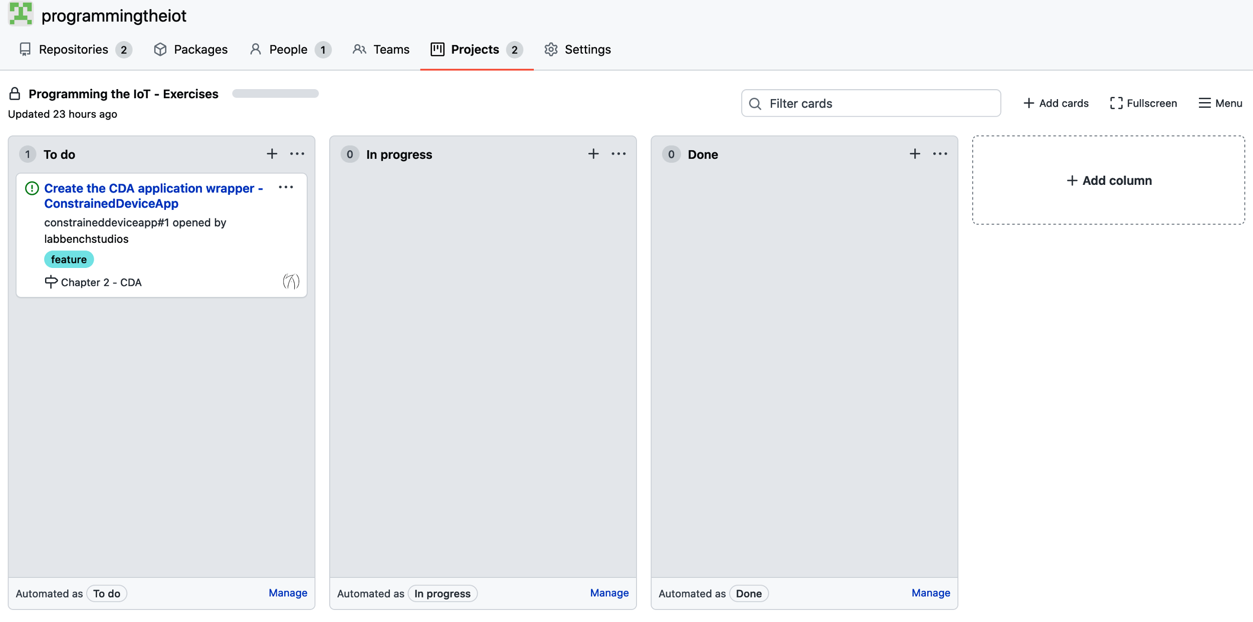 The new example task added into the Kanban board