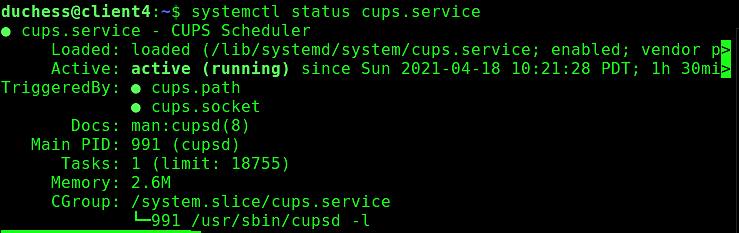 systemctl status output for the CUPS printer service.