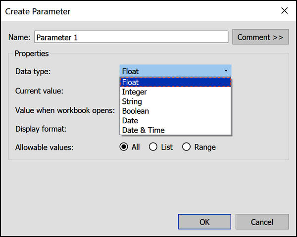 Create Parameter dialog