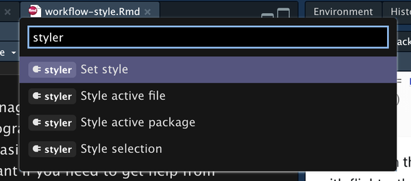 A screenshot showing the command palette after typing "styler", showing the four styling tool provided by the package.