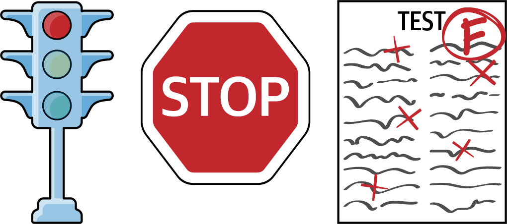 Examples of red being used for red traffic signals, stop signs, and the failure of an exam