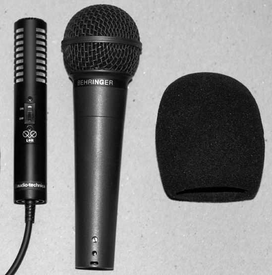 Audio-Technica stereo condenser mic, Behringer dynamic mic, and wind sock