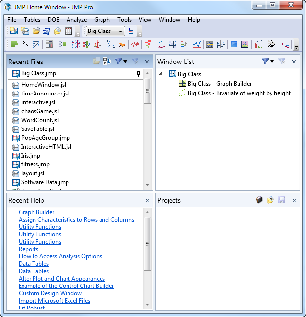 The JMP Home Window on Windows
