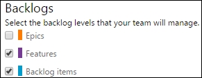 Selecting the backlog levels displayed on the Team Portal