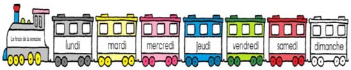 Schematic illustration of the little train of the week depicting the days in the week in French from Monday to Sunday.