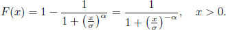 upper F left-parenthesis x right-parenthesis equals 1 minus StartFraction 1 Over 1 plus left-parenthesis StartFraction x Over sigma EndFraction right-parenthesis Superscript alpha Baseline EndFraction equals StartFraction 1 Over 1 plus left-parenthesis StartFraction x Over sigma EndFraction right-parenthesis Superscript negative alpha Baseline EndFraction comma x greater-than 0 period