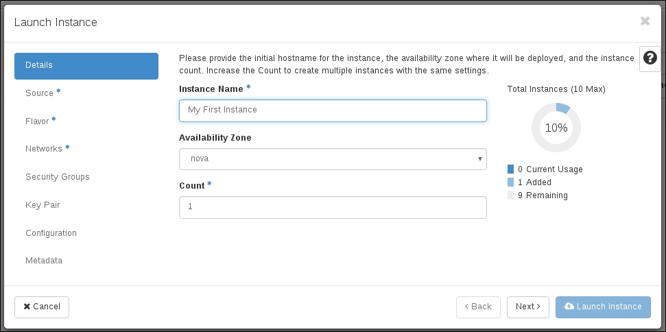 Launching an instance using the web interface