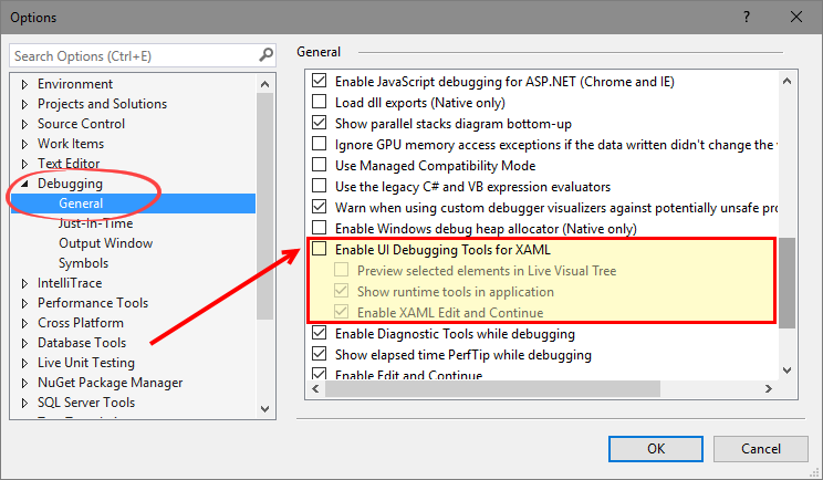 Enabling UI debugging tools for XAML - Mastering Visual Studio 2017 [Book]