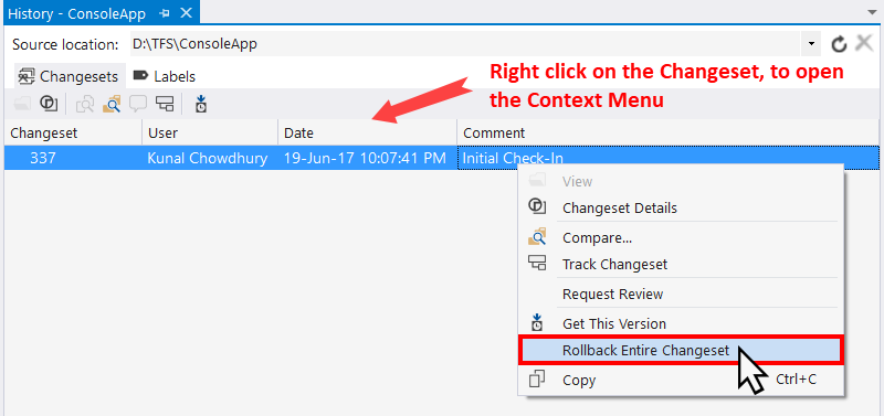 Rolling back your existing change set - Mastering Visual Studio 2017 [Book]