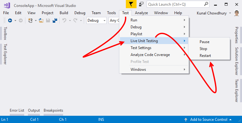 Starting/pausing the Live Unit Testing - Mastering Visual Studio 2017 [Book]