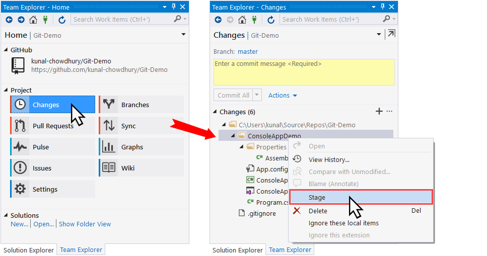 Staging Changes To Local Repository Mastering Visual Studio 2017 Book 