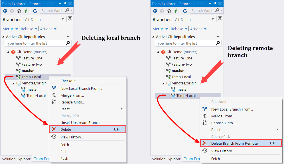 Deleting an existing branch - Mastering Visual Studio 2017 [Book]