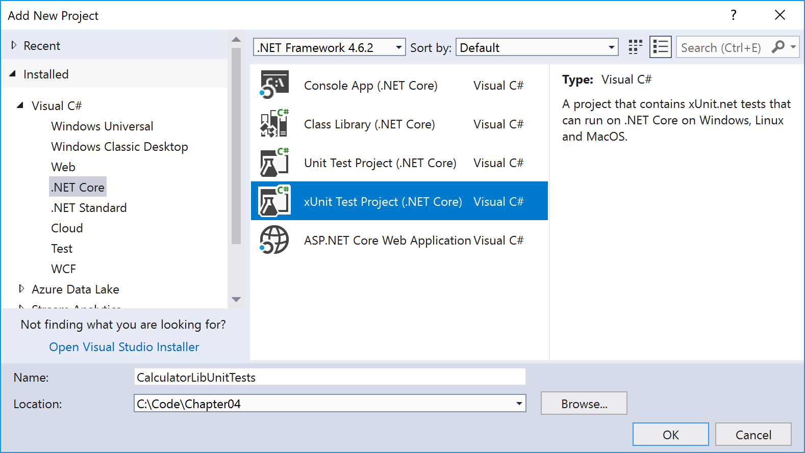 Creating a unit test project with Visual Studio 2017 - C#  and .NET Core   – Modern Cross-Platform Development - Third Edition [Book]