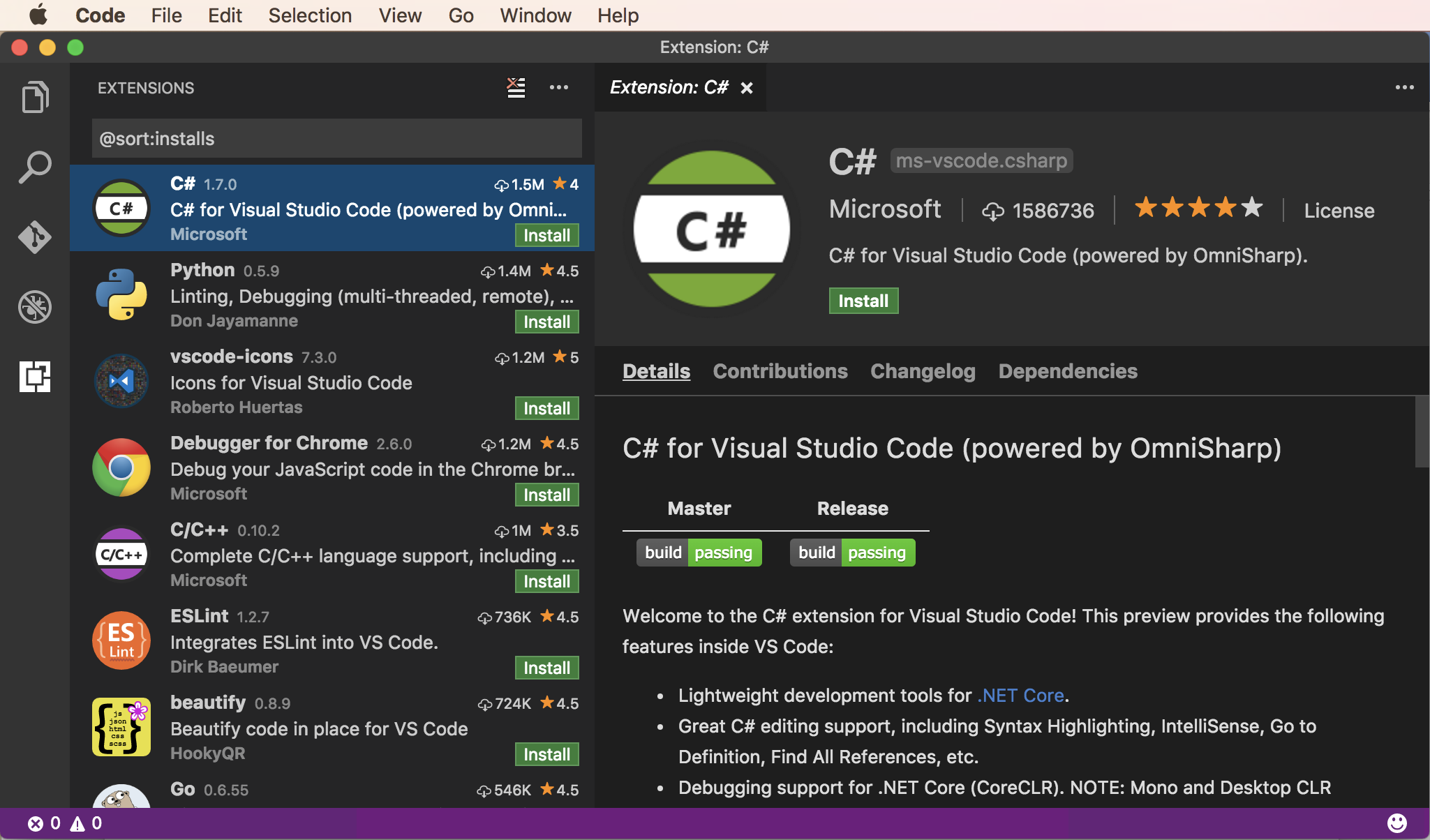 Installing the Visual Studio Code extension for C# - C#  and .NET Core   – Modern Cross-Platform Development - Third Edition [Book]