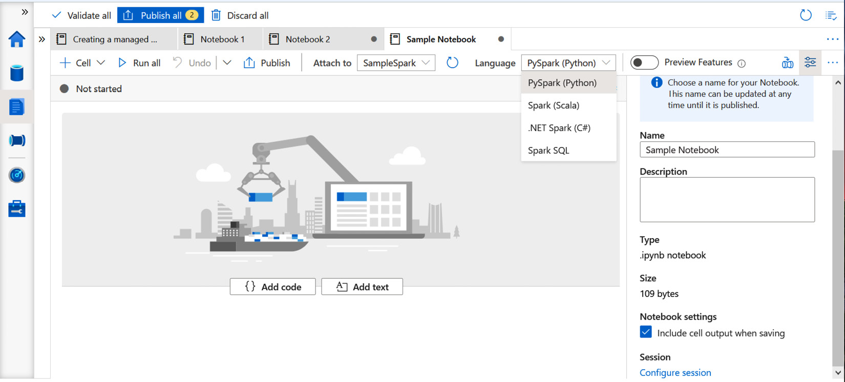 Figure 7.1 – A screenshot of a Synapse notebook highlighting various supported languages