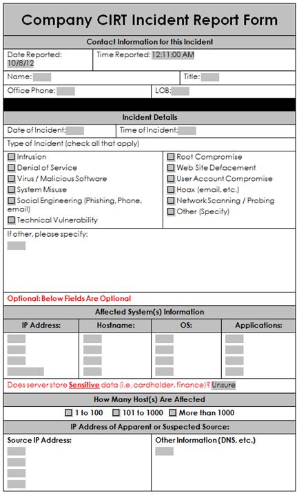 A sample incident response report form Enterprise Security: A Data