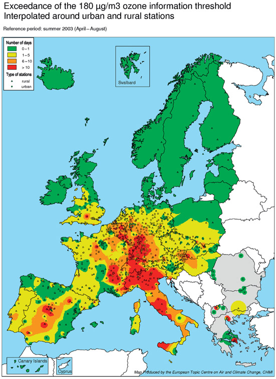 Figure 3.2 Ozone exceedances in Europe, summer 2003