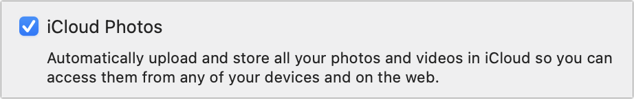 Figure 112: Check the iCloud Photos box in Photos > Settings > iCloud to sync with iCloud.