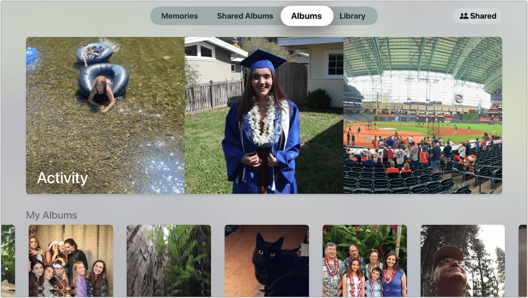 Figure 151: The Apple TV Photos app gives you access to your iCloud Photos library, Memories, albums, and shared albums.