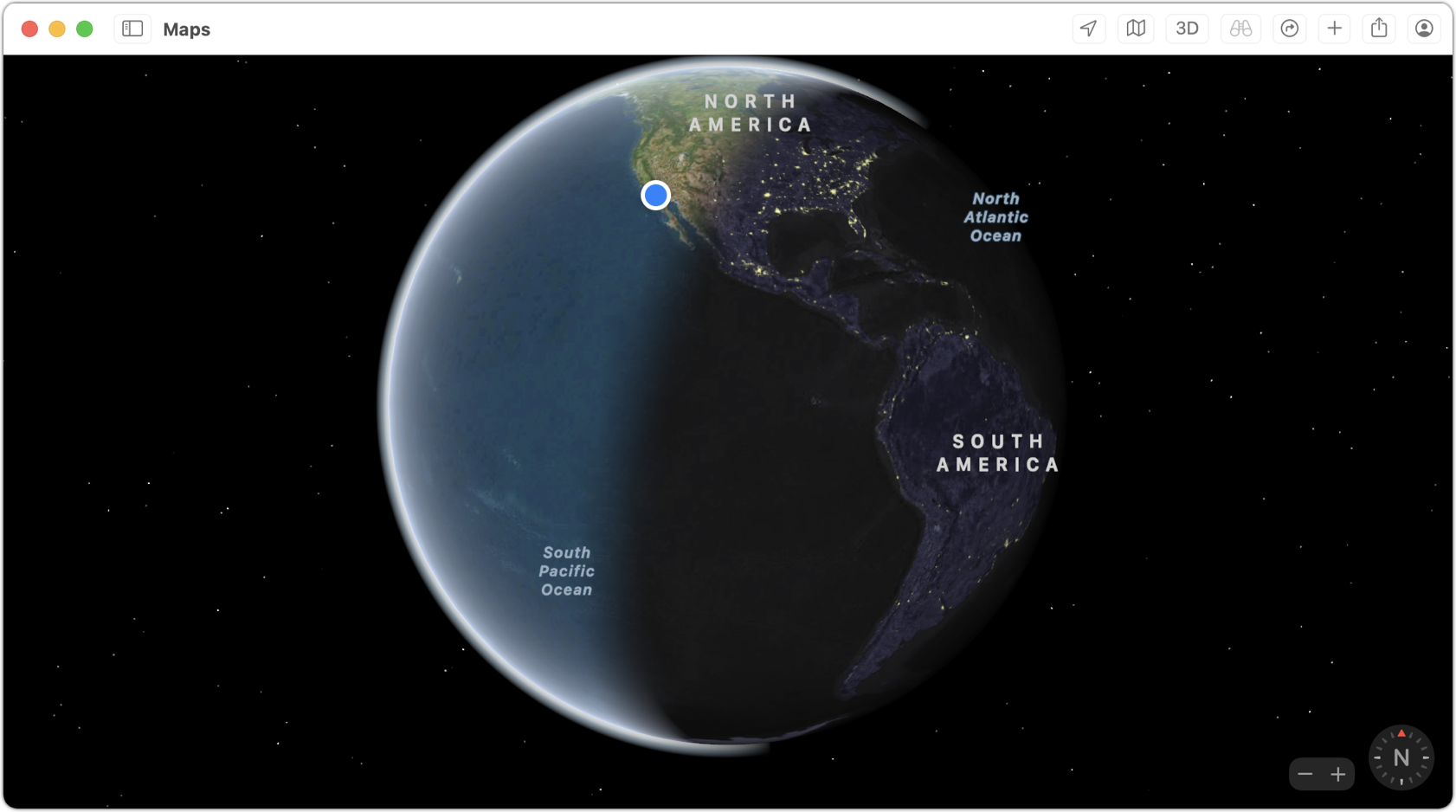 Figure 27: Zoom out far enough and you can see the whole planet. (In this example, I’m using Satellite view—choose View > Satellite if you want this appearance.)