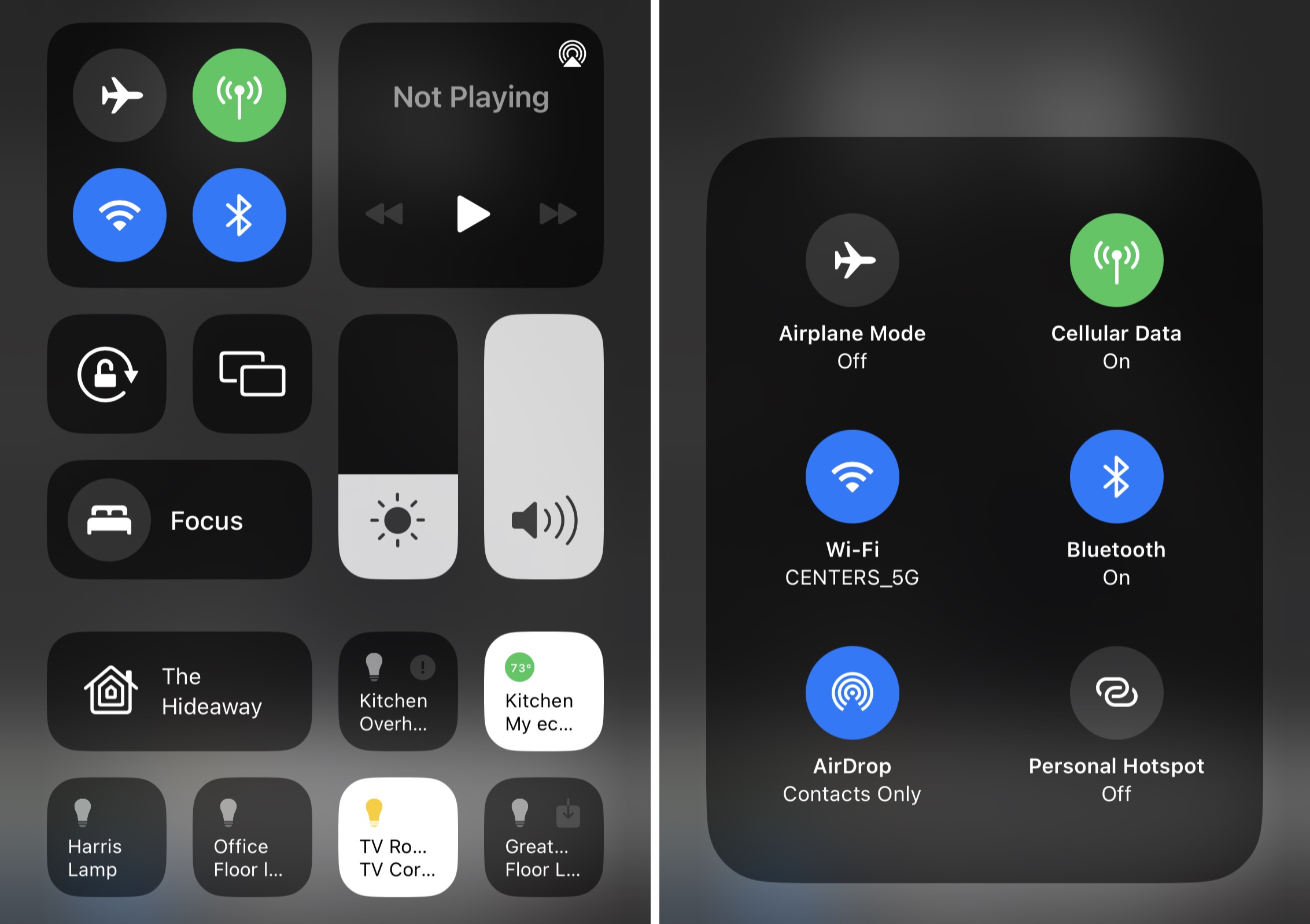 Figure 42: Control Center gives you quick access to network settings, brightness, audio controls, and more, including the iPhone’s flashlight. To see more options, press a control.