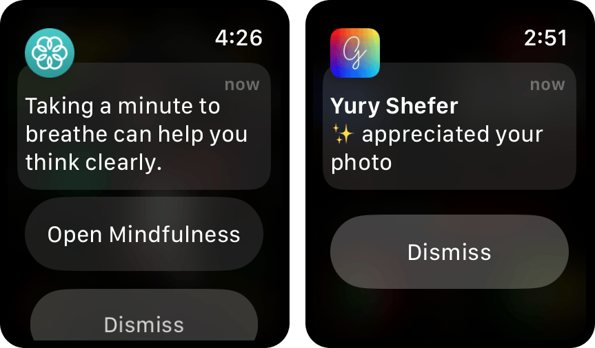 Figure 53: Several types of notifications appear on your watch, identified by the app name and icon at the top.