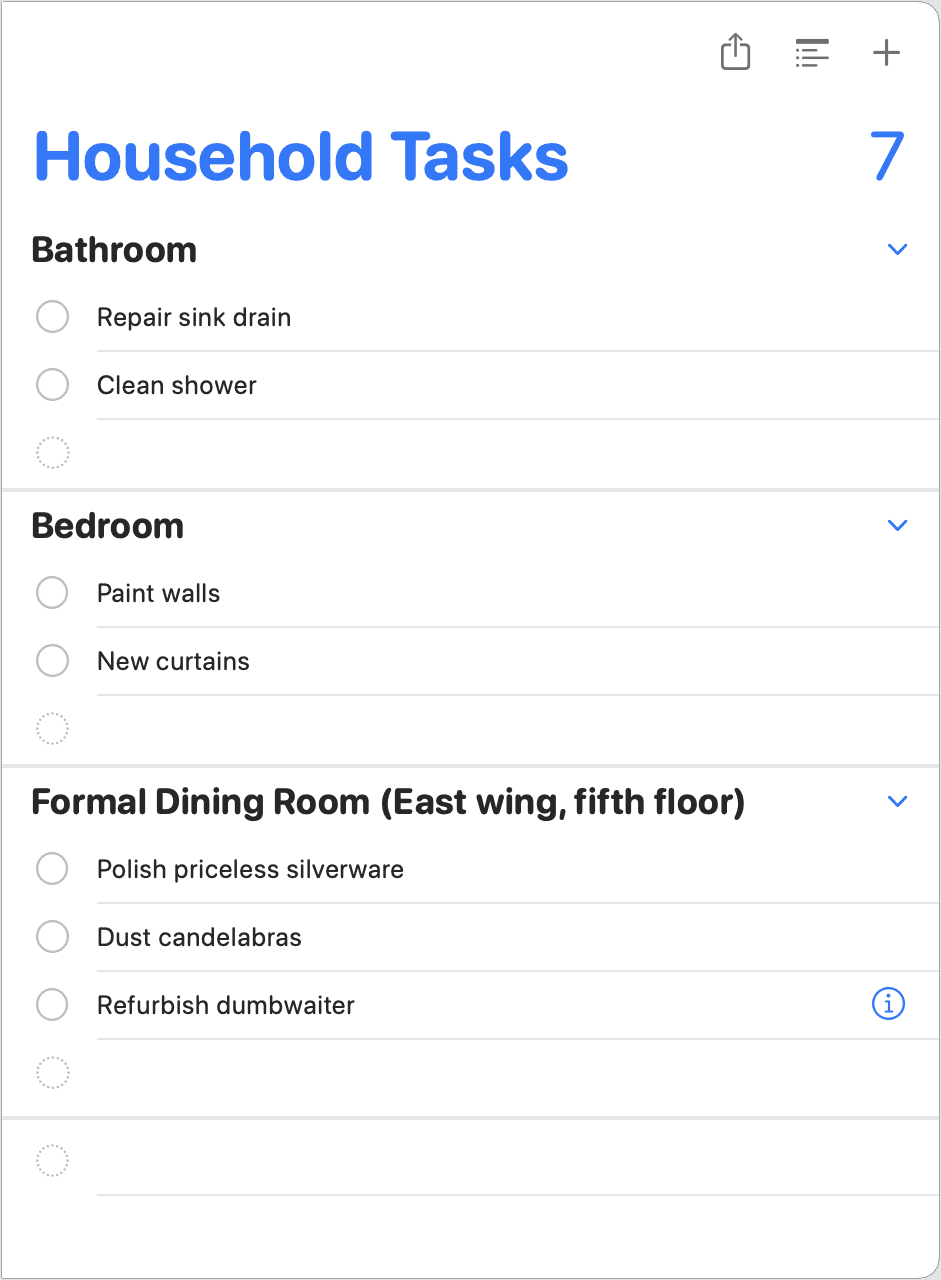 Figure 50: A list with added sections may look something like this.