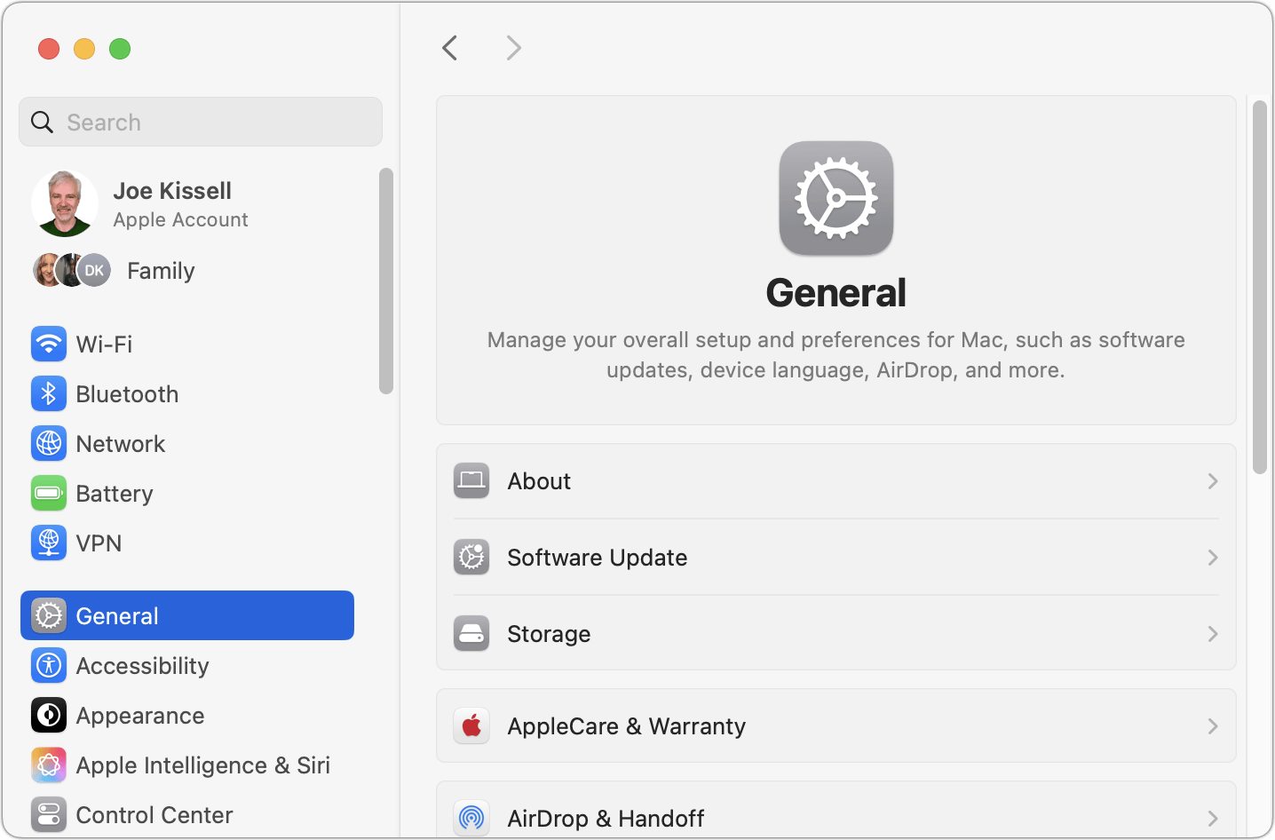 Figure 31: The System Settings app in Sequoia, which opens to the General pane by default.