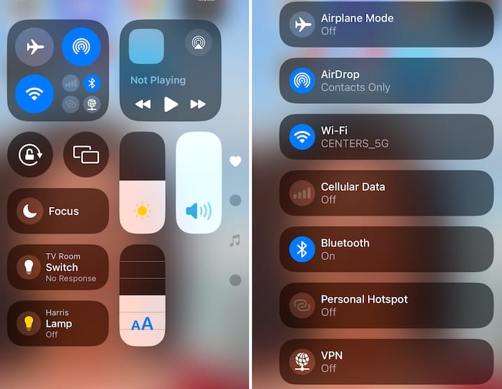 Figure 41: Control Center gives you quick access to network settings, brightness, audio controls, and more. To see additional options, touch and hold a control.