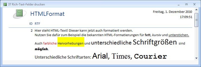 Ein Report mit Rich-Text-Feld in der Druckvorschau