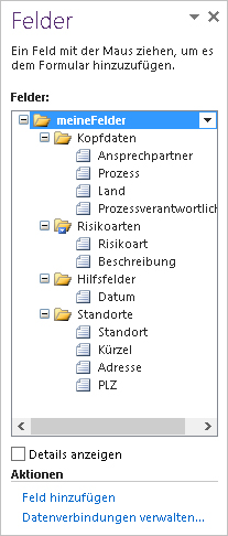 Aufgabenbereich für Felder (Felder und Gruppen bereits benannt)