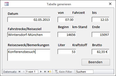 Das Testformular zur Laufzeit