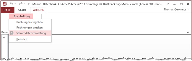 Benutzerdefinierte Menüs werden unter Add-Ins angezeigt