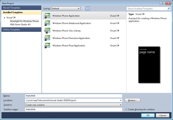 New Project-Dialogfeld in Visual Studio 2010 Express for Windows Phone