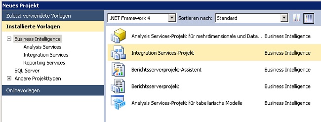 Integration Services binden sich auch in SQL Server Data Tools ein