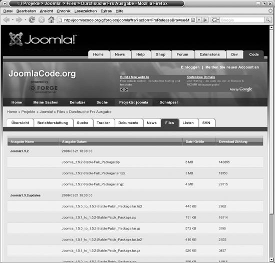 Die Download-Seiten mit den aktuellen Joomla!-Paketen. Hier bekommt man auch Patches, die ältere Versionen auf den derzeitigen Entwicklungsstand hieven.