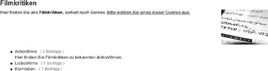 Die Übersichtsseite für den Bereich »Filmkritiken« zeigt neben einer Auswahl der enthaltenen Kategorien auch auf Wunsch eine kleine Grafik.