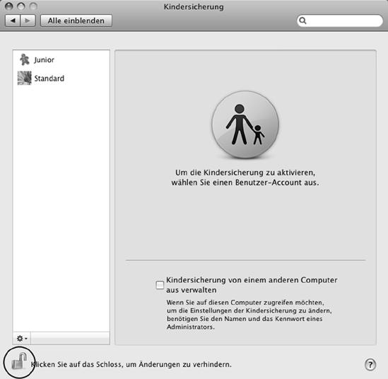 Bevor Sie die Kindersicherung aktivieren können, müssen Sie sich als Administrator identifizieren, indem Sie auf das Schloss unten links klicken.