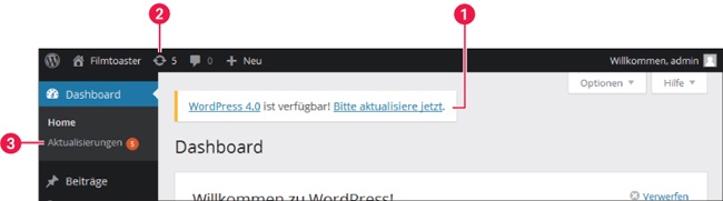 Sobald für WordPress oder ein Plugin eine Aktualisierung vorliegt, meldet das Backend es umgehend (hier unter WordPress 3.9).