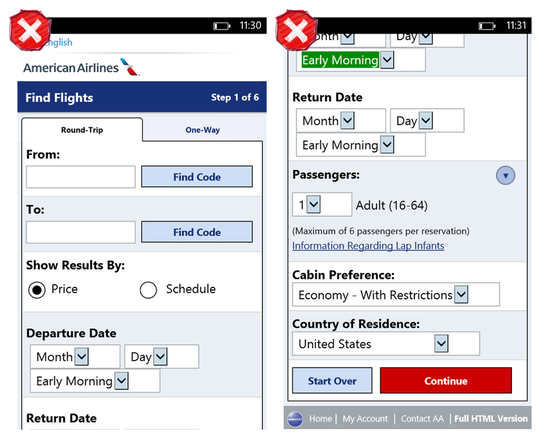 Windows Phoneでの、American Airlinesのフライト予約フォーム。ひどいデザインである