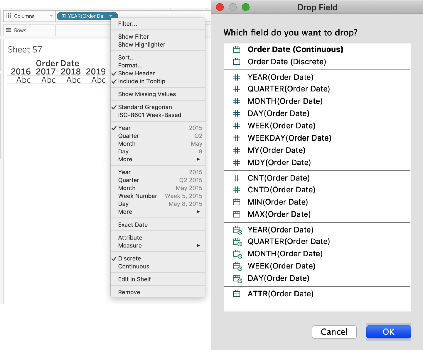 The view you will see after clicking and dragging a date onto a view and then right-clicking to change the date type (left). The view you will see after clicking and holding Ctrl (or Option on a Mac) while dragging a date onto the view (right).