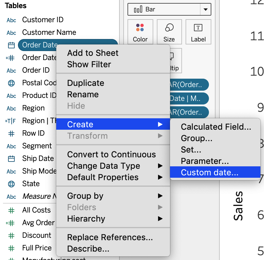 The menu action for creating custom dates