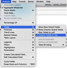 To add totals to the top of the columns, choose Analysis → Totals and then select Show Column Grand Totals and Column Totals to Top