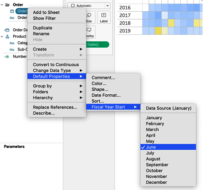 Right-click a date to change the default properties of the fiscal year start. In this example, the fiscal year start is set to June.