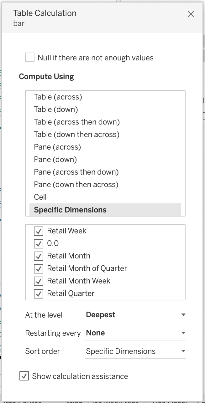 Table calculation settings for the 4-5-4 bar chart