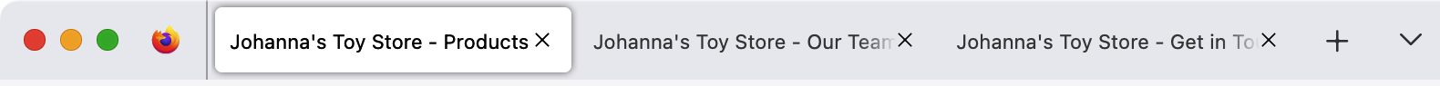 3 tabs labeled Products, Our Team, and Get in Touch. Each has a prefix “Johanna’s Toy Store - ”.