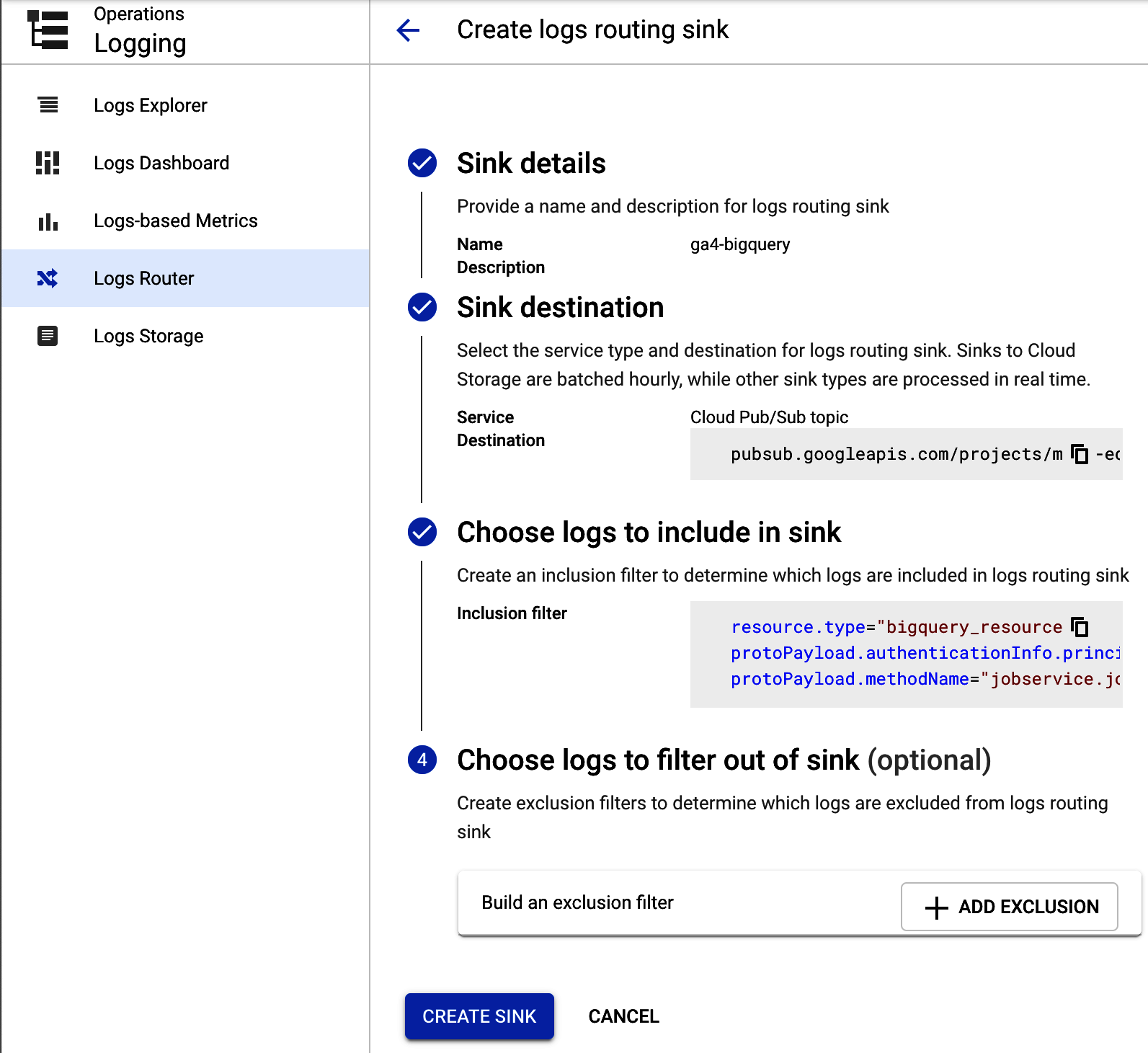 Setting up your GA4 BigQuery log so it sends the entries to Pub/Sub topic named ga4-bigquery