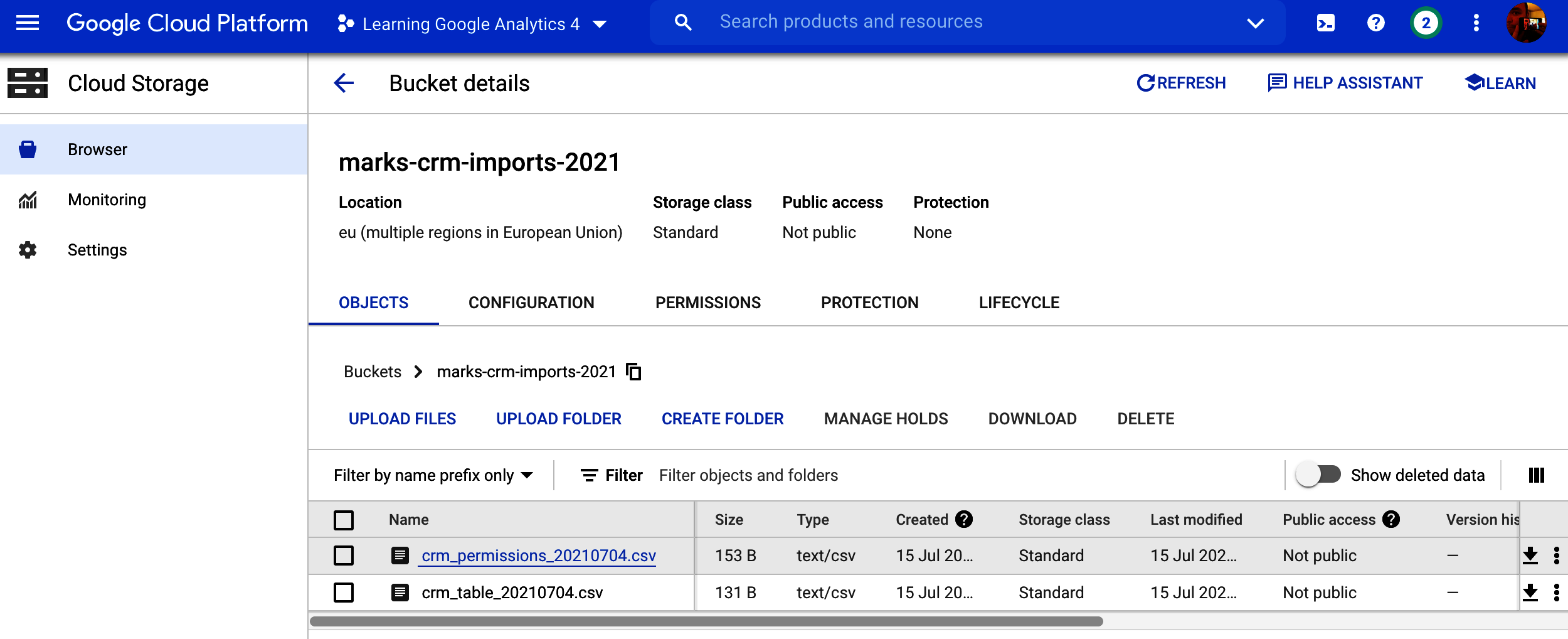 Files sitting within Cloud Storage in its WebUI