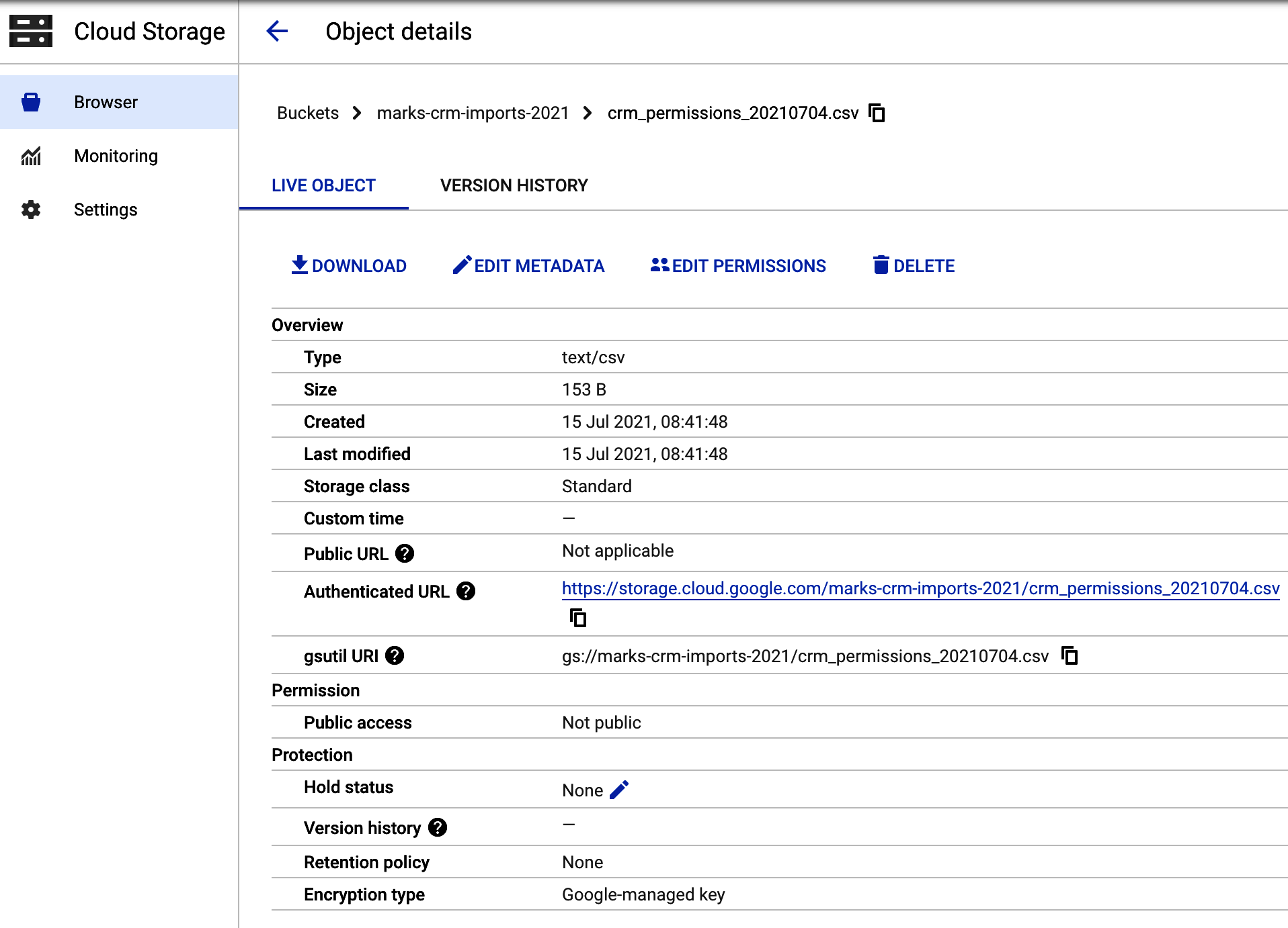 Various metadata associated with a file upload to Google Cloud Storage